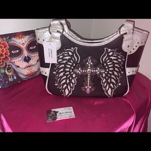 Rhinestone Cross Embroidered Carry Handbag In Pewter
